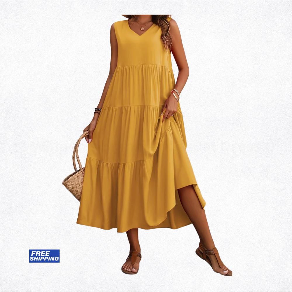 Women's Summer Midi Dress, Elegant Yellow Black Flowy Vacation Party Dress