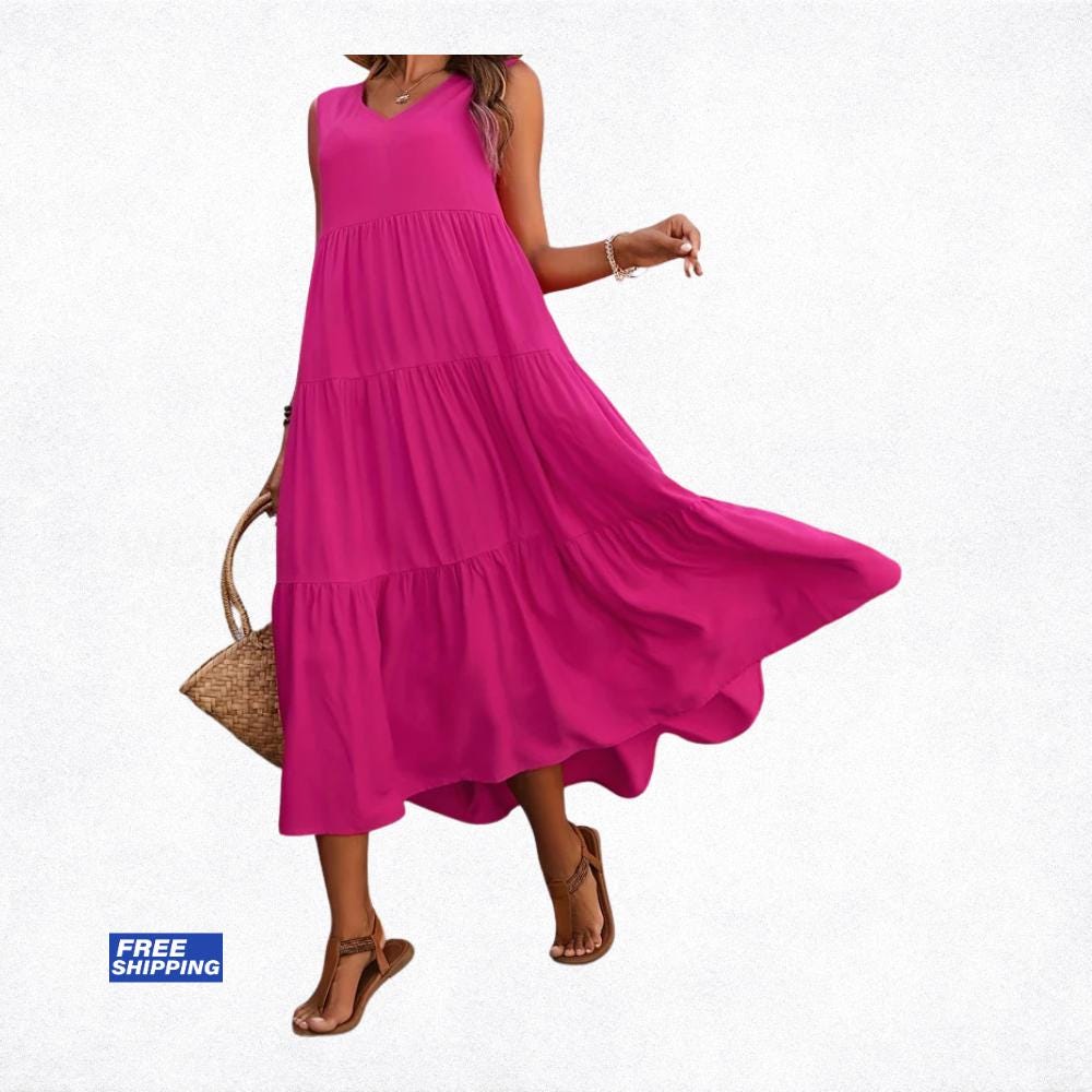 Women's Summer Midi Dress, Elegant Yellow Black Flowy Vacation Party Dress