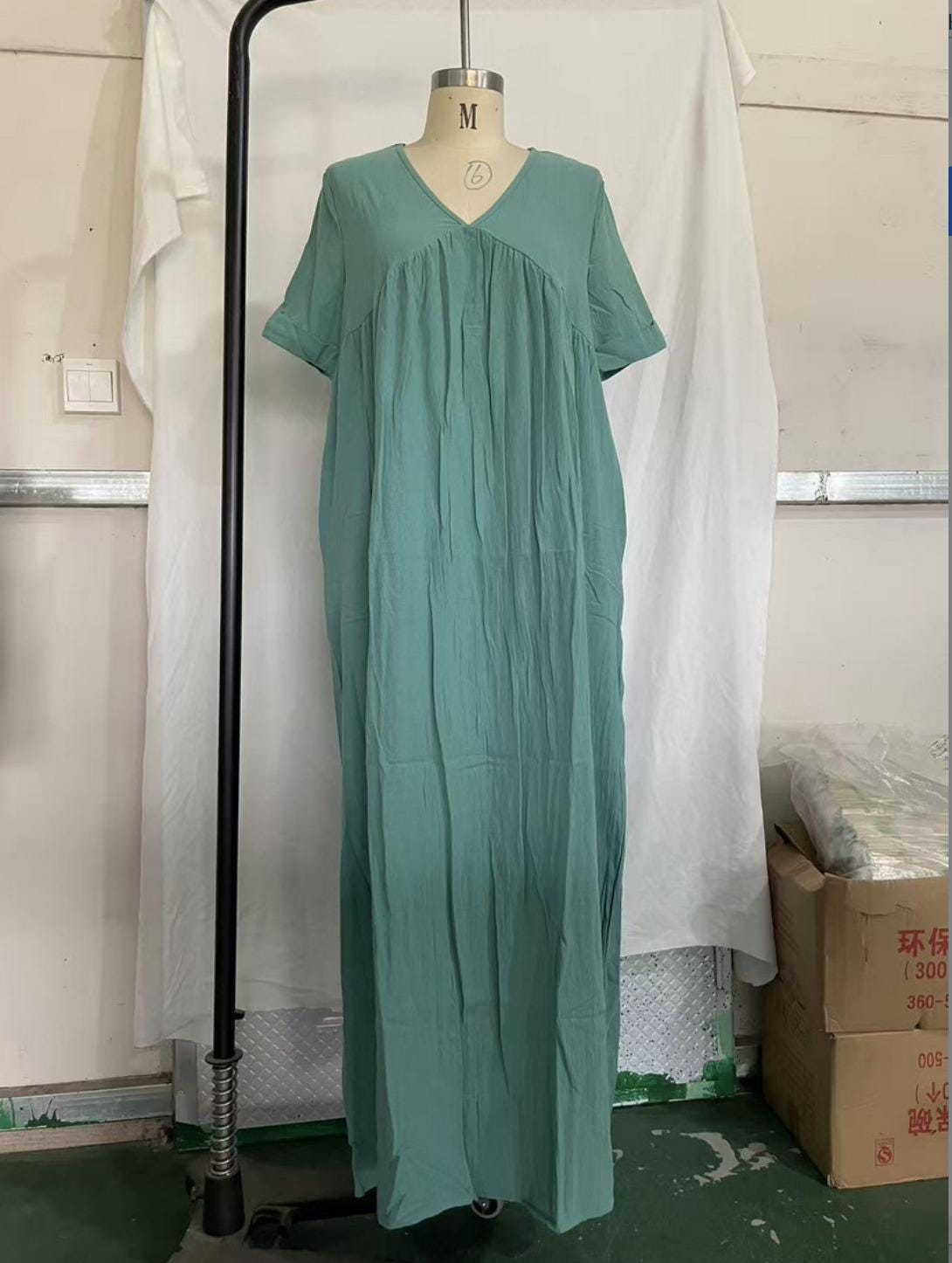 Casual Vacation Style V-Neck Maxi Dress | Cotton Blend Loose Fit Summer Beach Dress | Short Sleeve Boho Long Dress with Pockets
