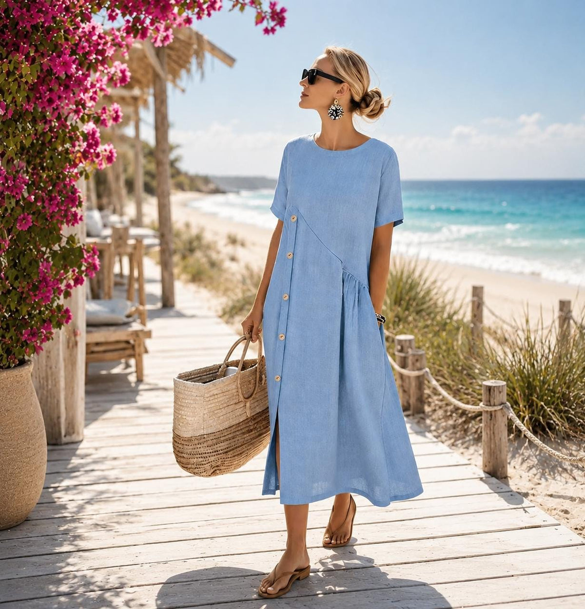 Women's 100% Cotton Dress, Casual Midi Dress, Relaxed Fit Summer Outfit