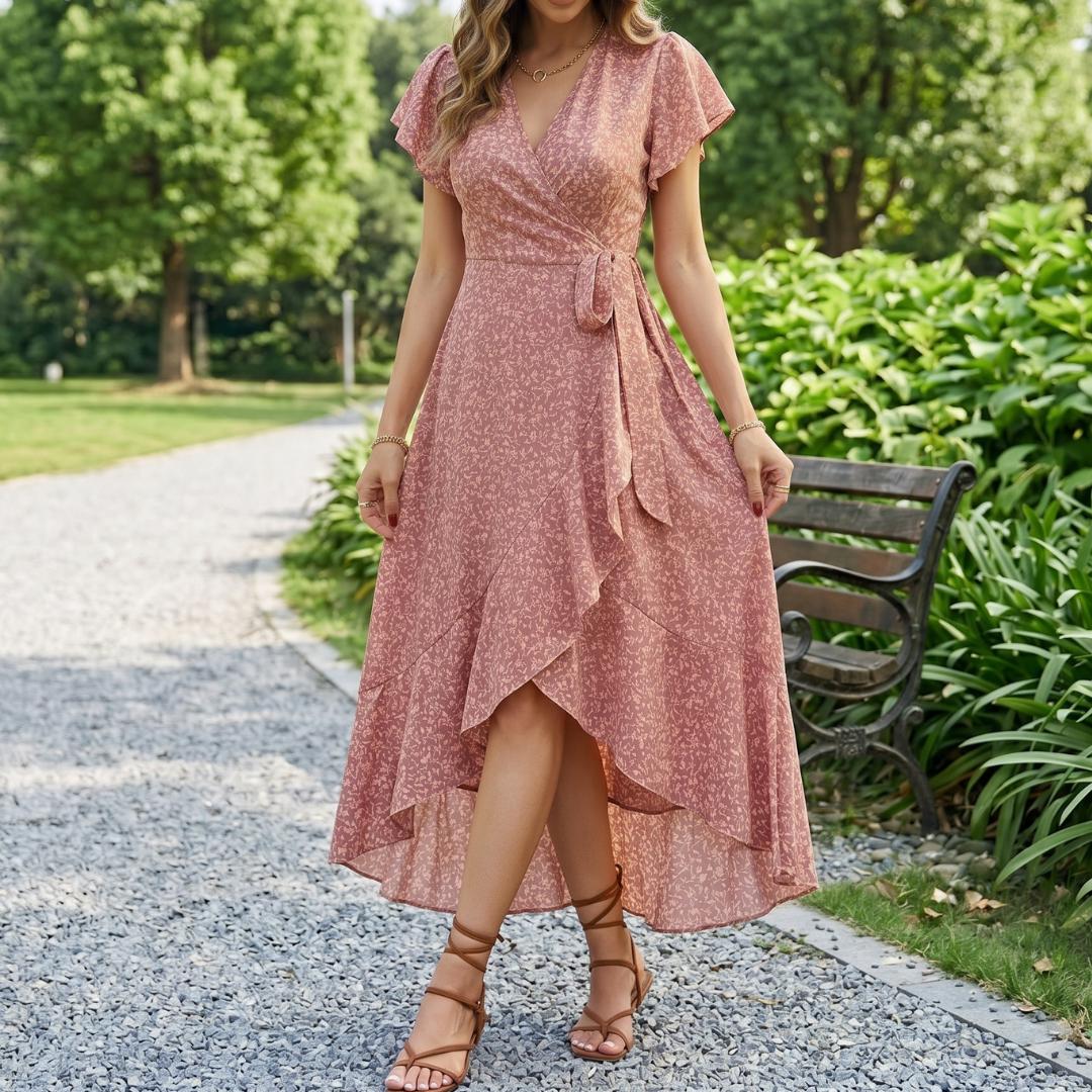Floral Wrap Midi Dress | Asymmetrical Ruffle Hem Sundress | Flutter Sleeve V-Neck Gown | Summer Wedding Guest Outfit | Boho Garden Party