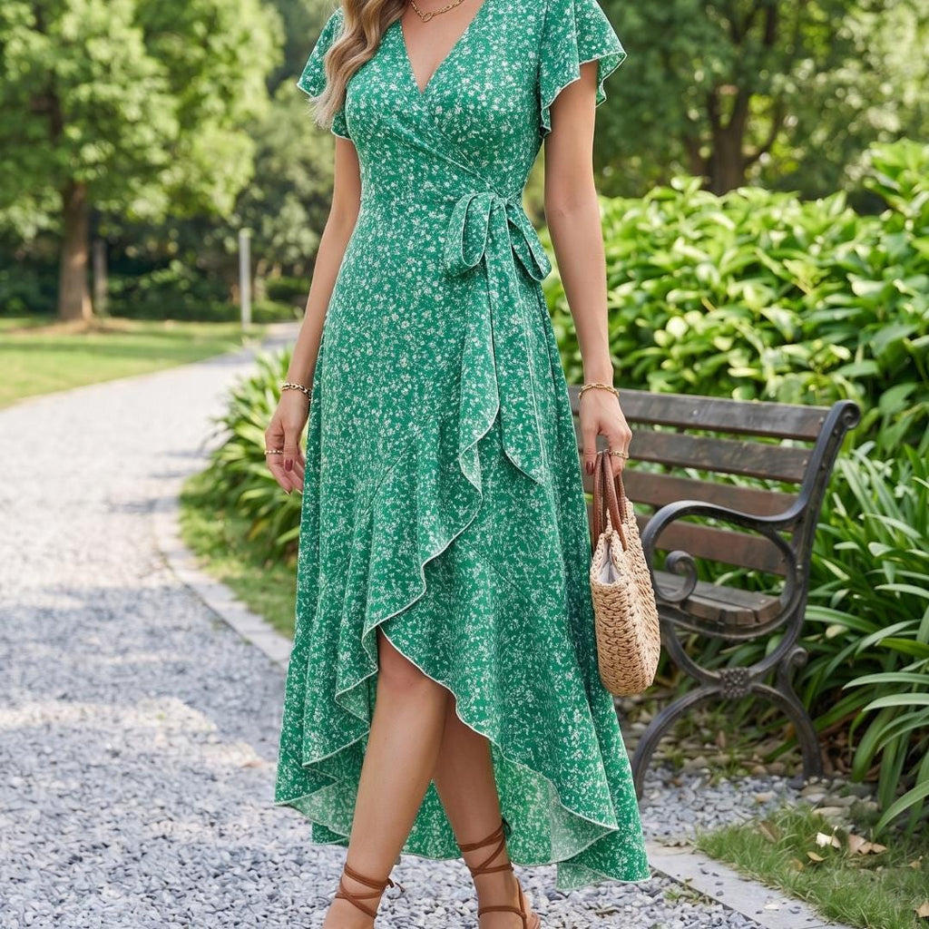 Floral Wrap Midi Dress | Asymmetrical Ruffle Hem Sundress | Flutter Sleeve V-Neck Gown | Summer Wedding Guest Outfit | Boho Garden Party
