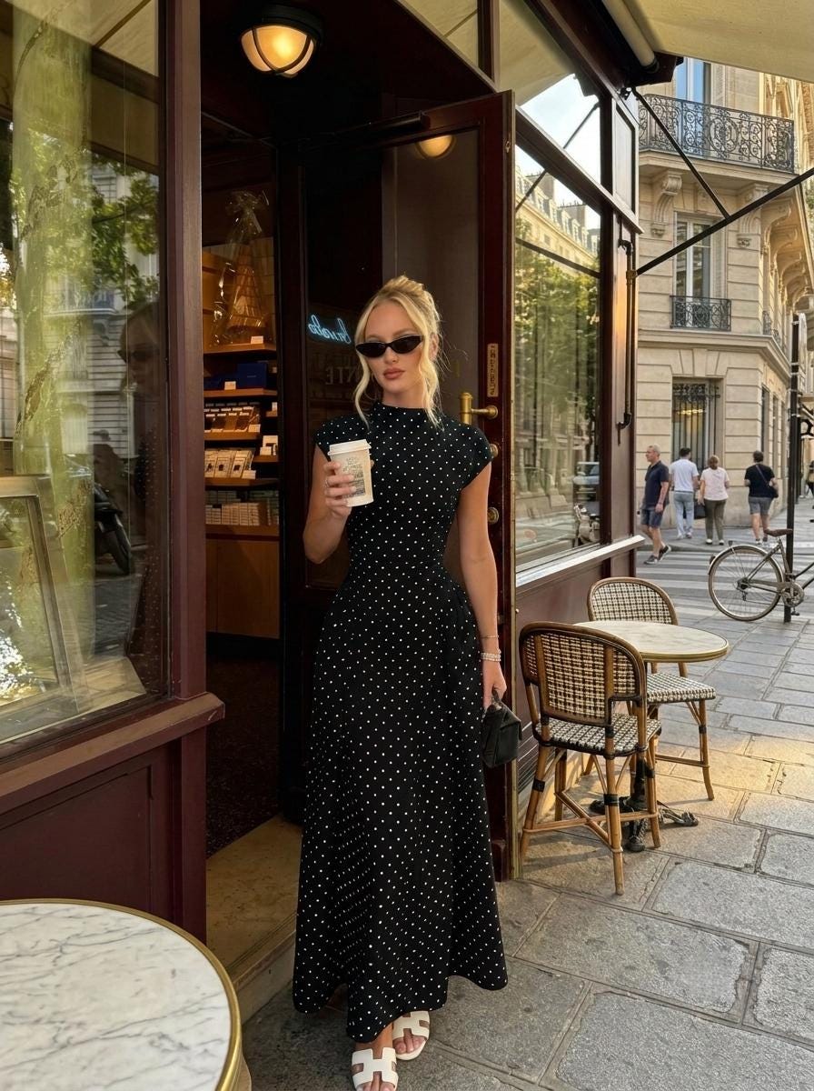 Polka Dot Maxi Dress Women – Elegant Vintage Parisian Chic Dress – White Black Brown Summer Dress – Tea Party Wedding Guest Outfit