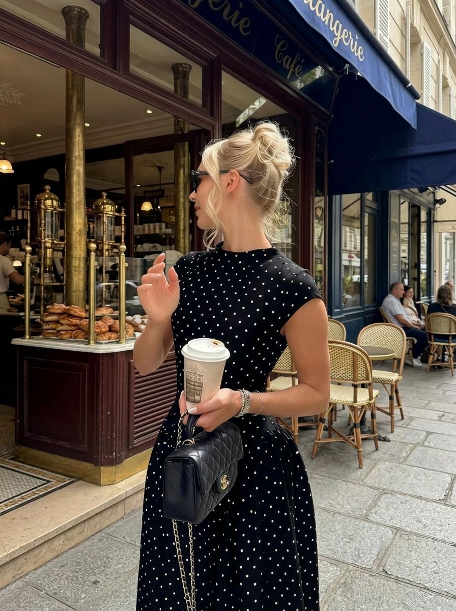 Polka Dot Maxi Dress Women – Elegant Vintage Parisian Chic Dress – White Black Brown Summer Dress – Tea Party Wedding Guest Outfit