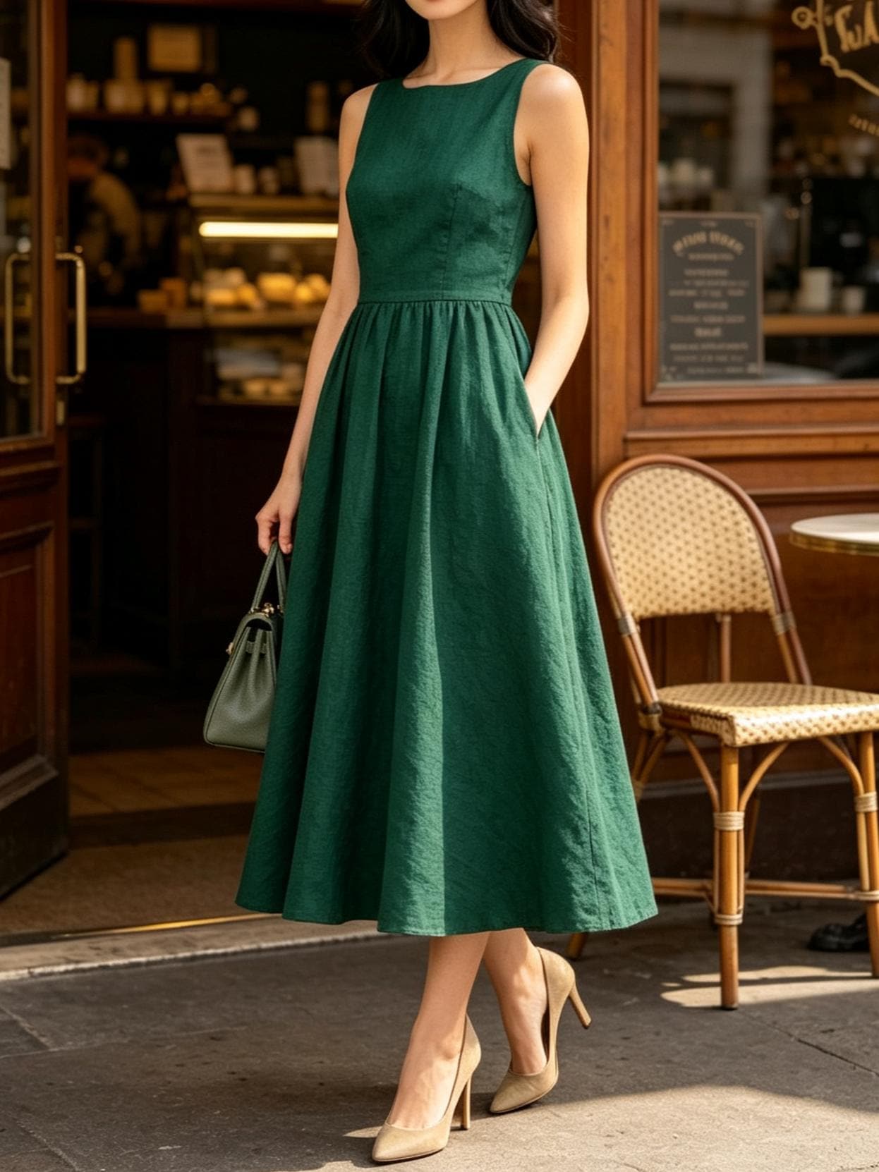 Elegant Linen Sleeveless Flowy Midi Dress Round Neck Casual Summer Dress Lightweight Chic Dress