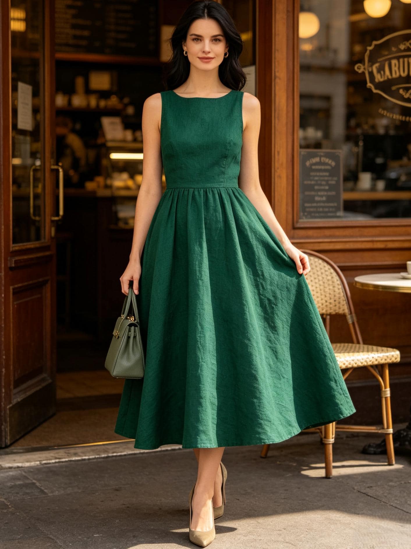 Elegant Linen Sleeveless Flowy Midi Dress Round Neck Casual Summer Dress Lightweight Chic Dress