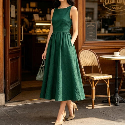 Elegant Linen Sleeveless Flowy Midi Dress Round Neck Casual Summer Dress Lightweight Chic Dress