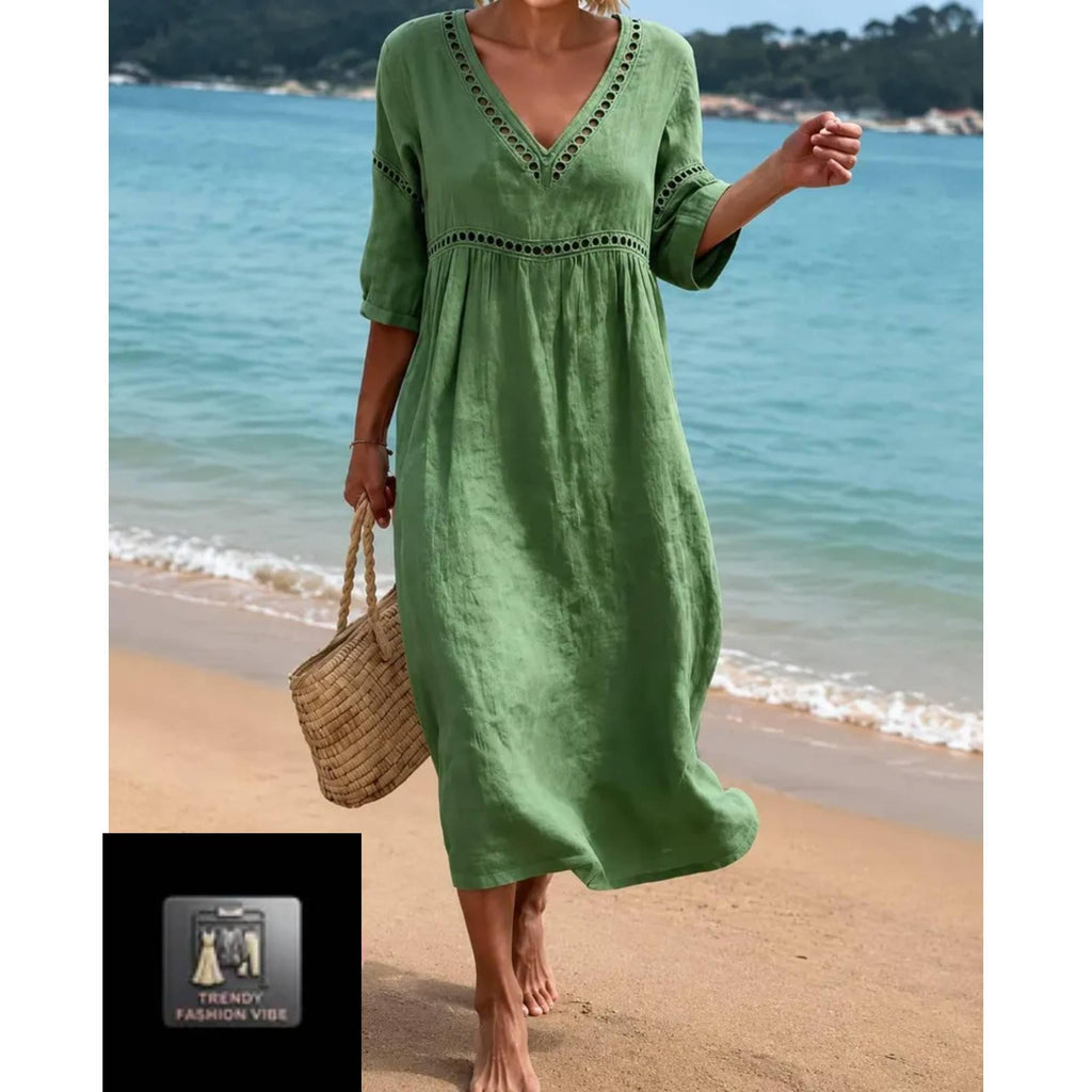 Boho Maxi Dress for Women Elegant Holiday Loose Fit V Neck Dress  Resort Wear