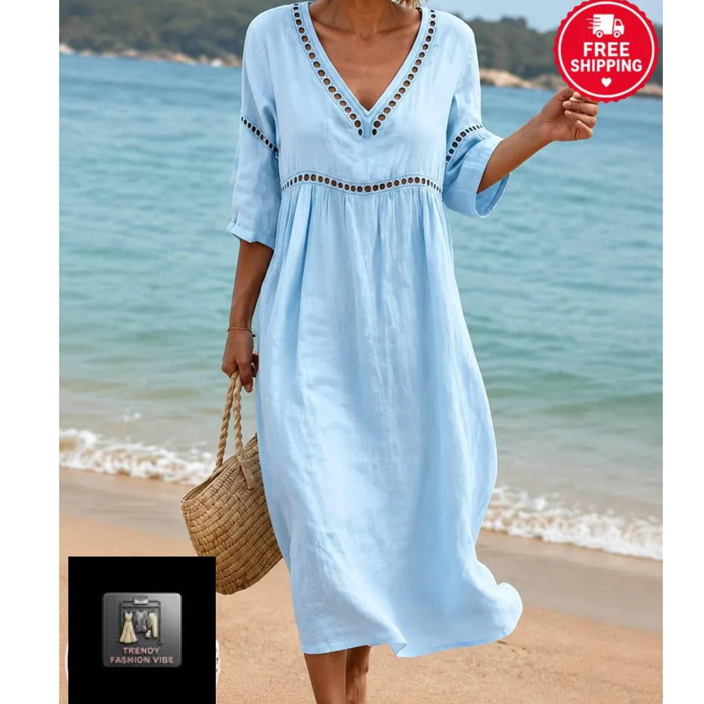 Boho Maxi Dress for Women Elegant Holiday Loose Fit V Neck Dress  Resort Wear