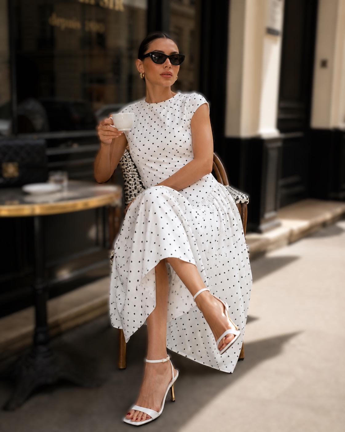 Polka Dot Midi Dress | Vintage Cap Sleeve Summer Dress | Elegant Wedding Guest Party Outfit | Parisian Chic Dress