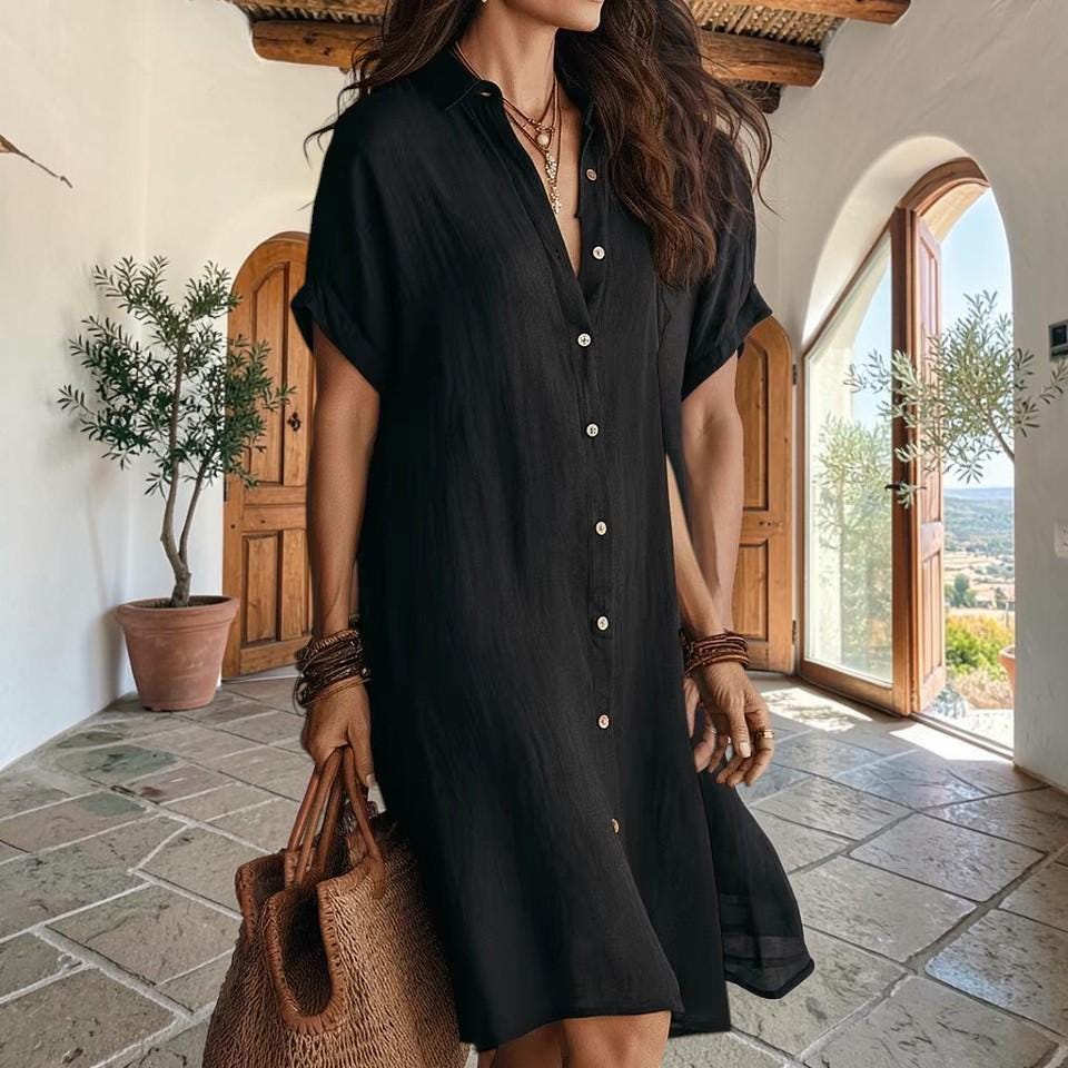 Cotton Linen Collared Midi Shirt Dress - A-Line Button Down, Loose Fit Summer Style