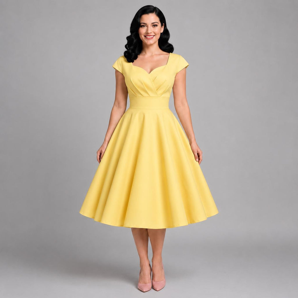 Vintage Midi Dress V Neck Cap Sleeve | 1950s Retro Swing Dress | Party Office Cocktail Dress for Women | Classic Feminine Silhouette