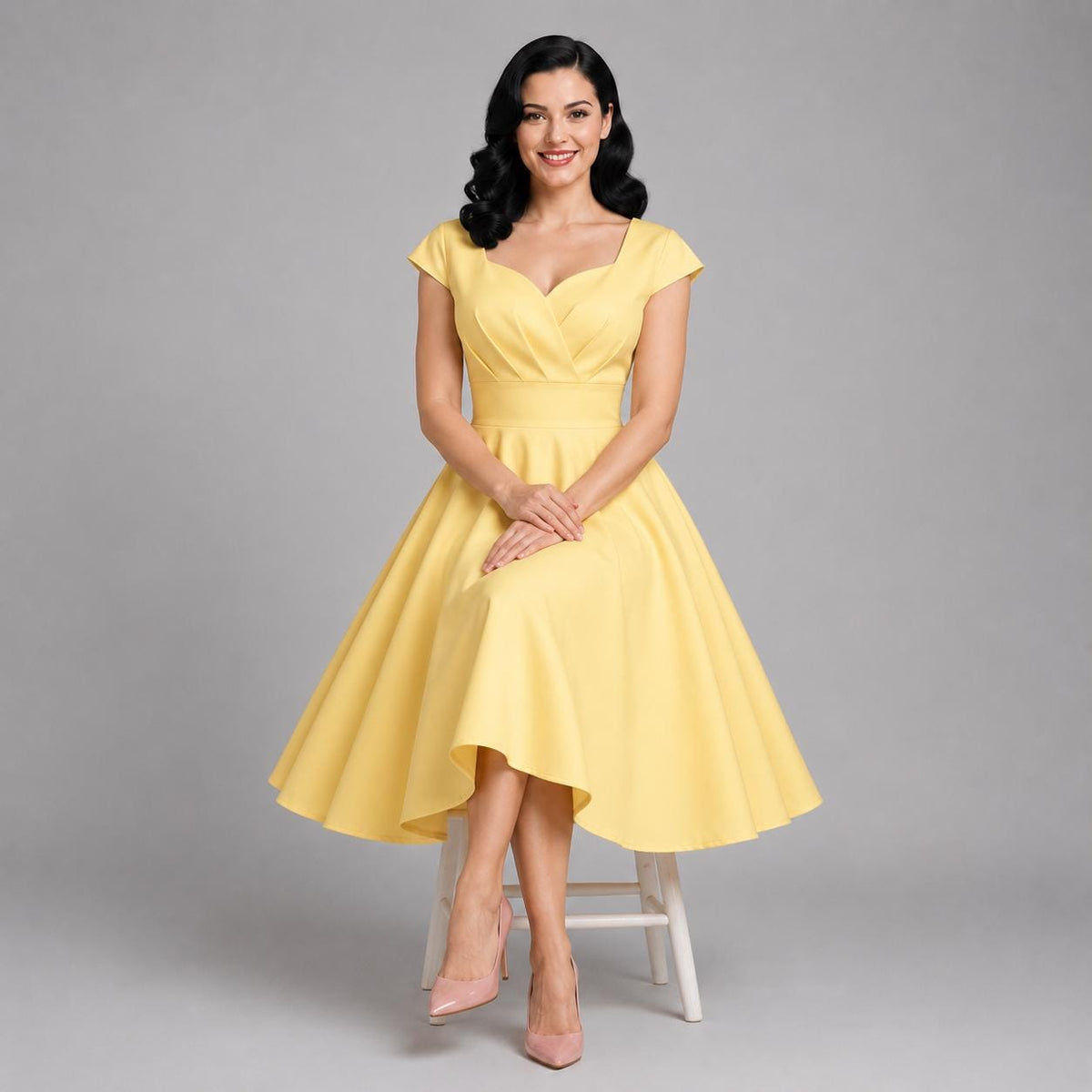 Vintage Midi Dress V Neck Cap Sleeve | 1950s Retro Swing Dress | Party Office Cocktail Dress for Women | Classic Feminine Silhouette