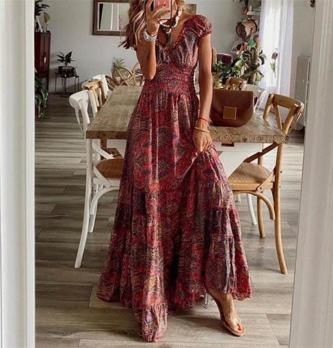 Women's Boho Floral Maxi Dress, V Neck Summer Dress, Flowy Vacation Party Outfit