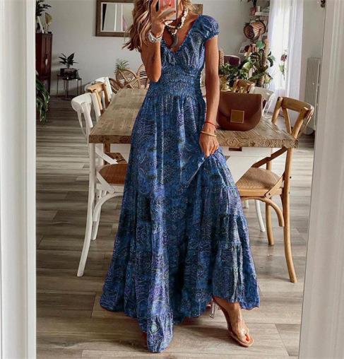 Women's Boho Floral Maxi Dress, V Neck Summer Dress, Flowy Vacation Party Outfit