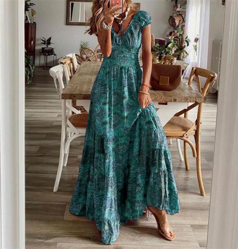 Women's Boho Floral Maxi Dress, V Neck Summer Dress, Flowy Vacation Party Outfit