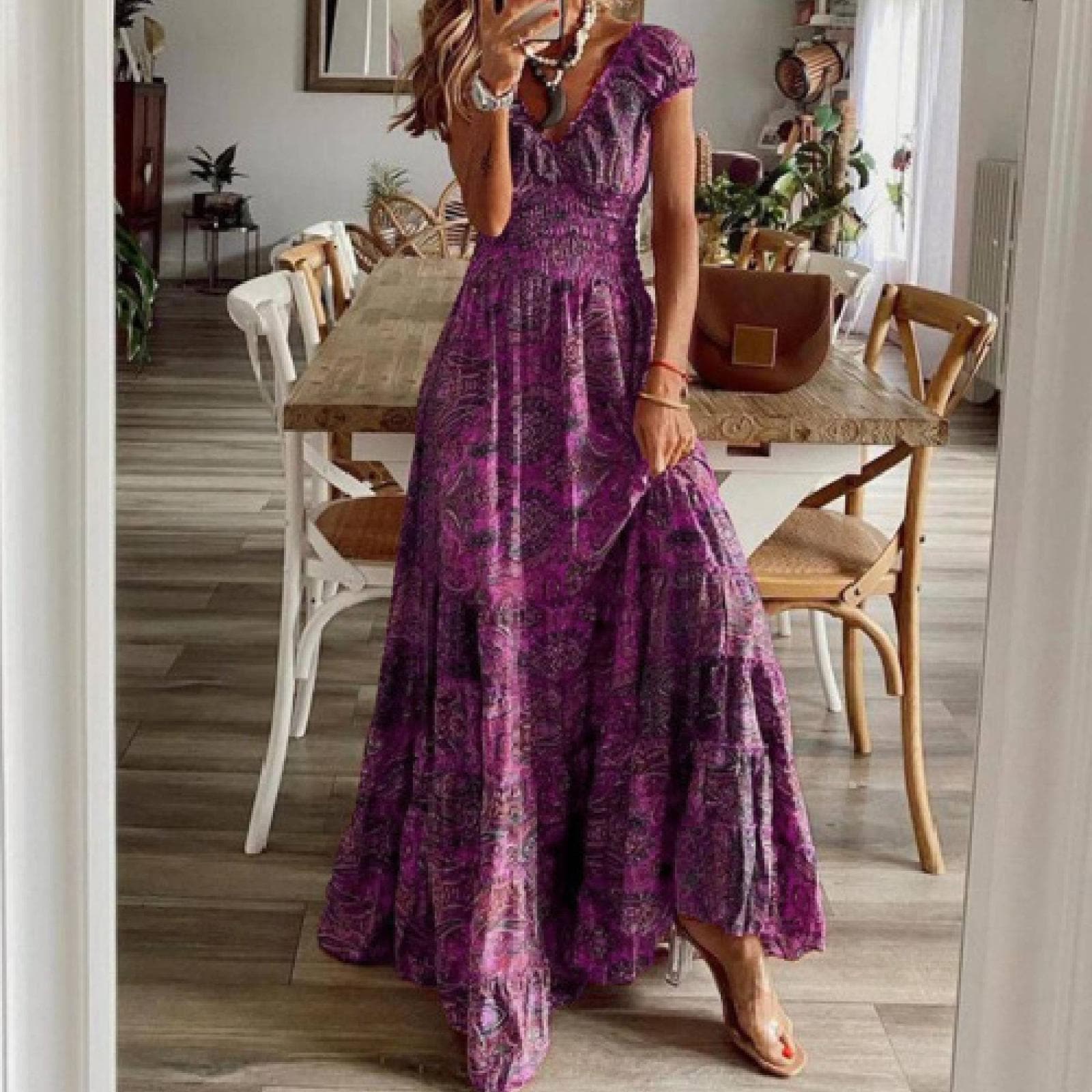Women's Boho Floral Maxi Dress, V Neck Summer Dress, Flowy Vacation Party Outfit