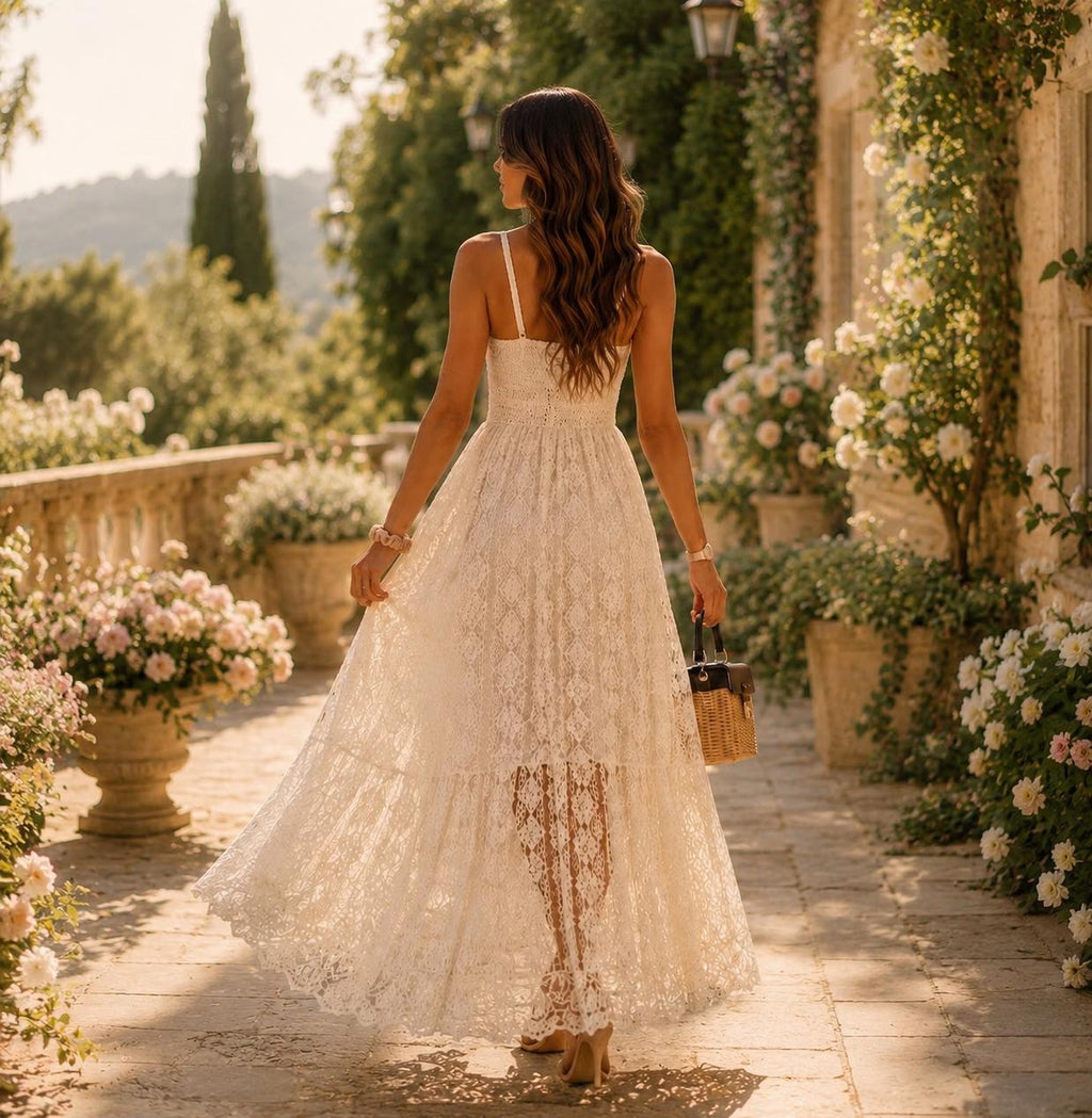 Boho Lace Maxi Dress – V-Neck Sleeveless Summer Resort Wear