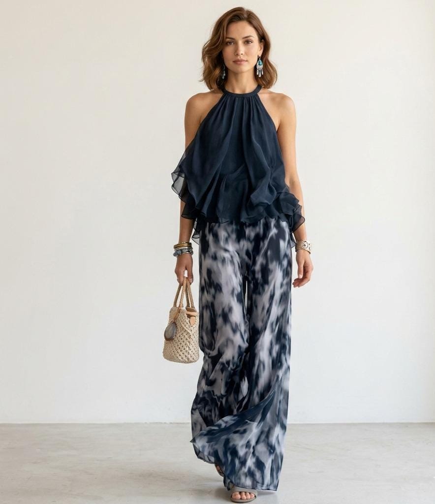Navy Chiffon Halter Top & Printed Wide Leg Pants Set, Elegant Resort Wear