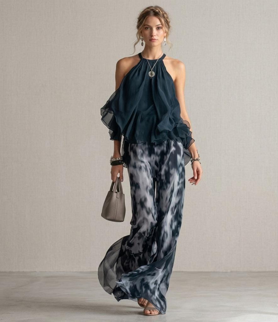 Navy Chiffon Halter Top & Printed Wide Leg Pants Set, Elegant Resort Wear