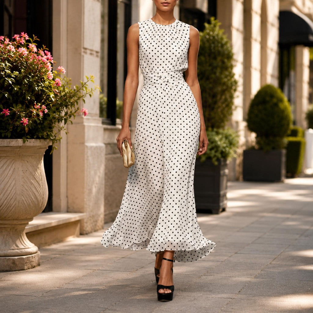 Women's Sleeveless Polka Dot Dress Elegant Maxi Dress Chic Resort Vacation Party Outfit Fashion