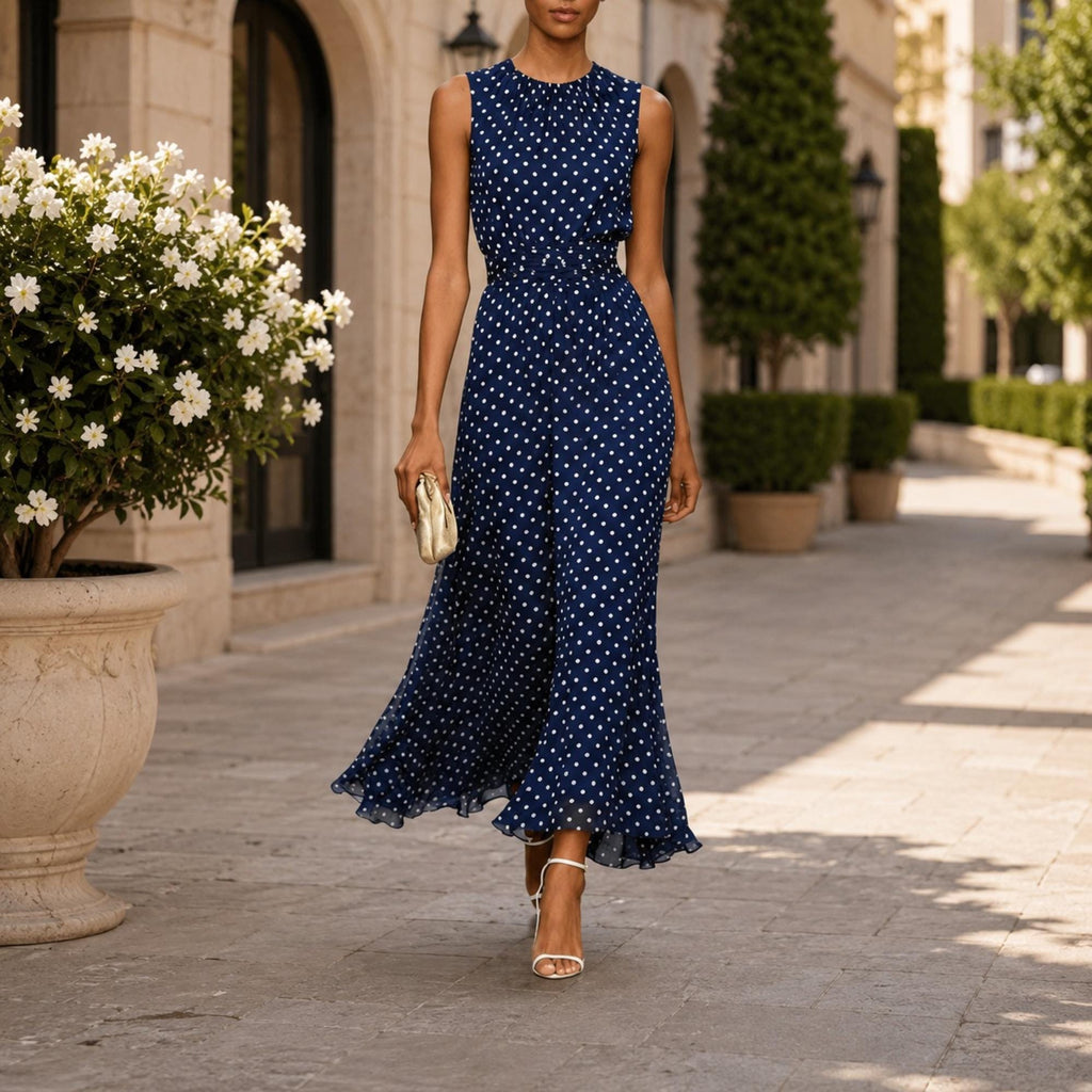 Women's Sleeveless Polka Dot Dress Elegant Maxi Dress Chic Resort Vacation Party Outfit Fashion