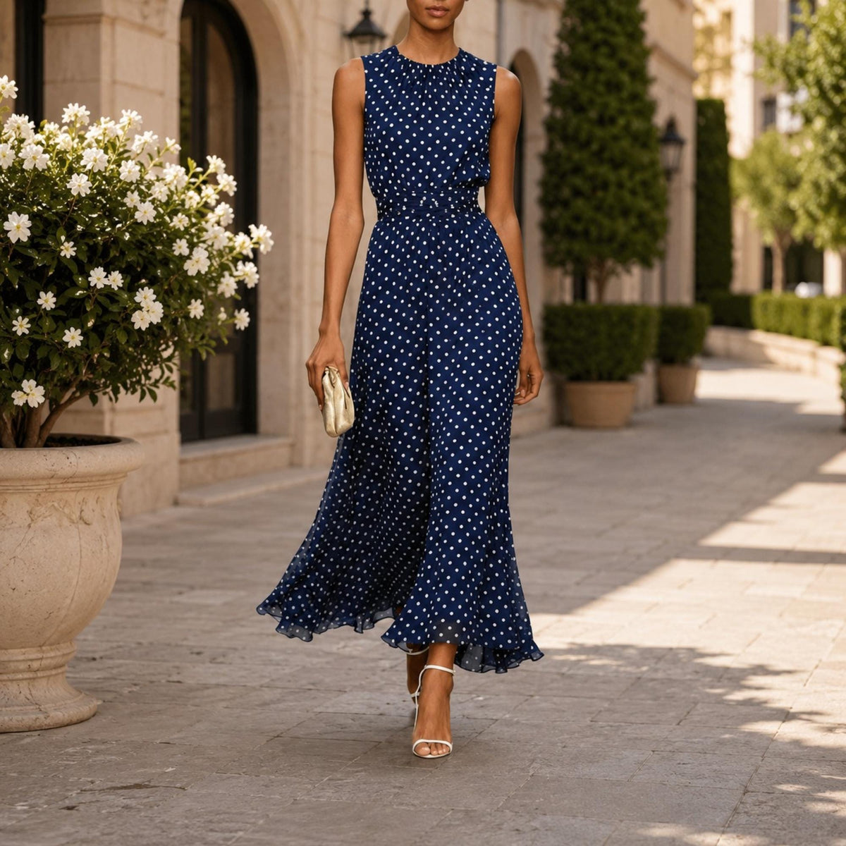 Women's Sleeveless Polka Dot Dress Elegant Maxi Dress Chic Resort Vacation Party Outfit Fashion