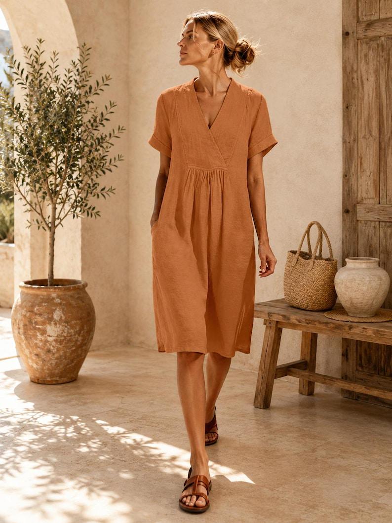 Women's Cotton Linen Dress | V Neck Midi Dress Loose Casual Boho Summer Vacation Outfit