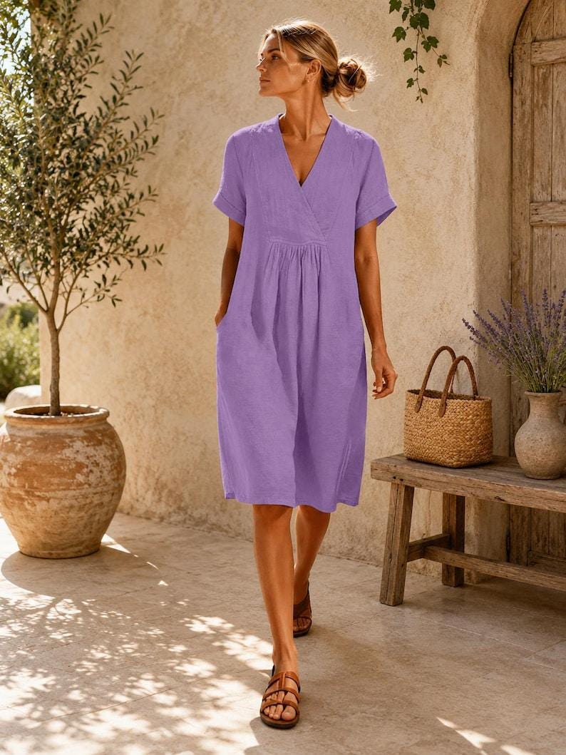 Women's Cotton Linen Dress | V Neck Midi Dress Loose Casual Boho Summer Vacation Outfit