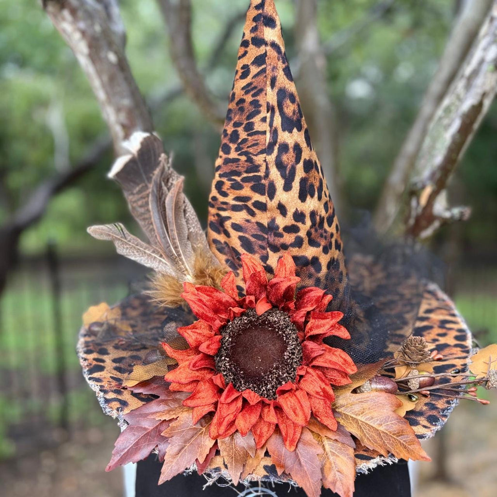 Lady Maple Leopard Fall Witch Hat, Autumn Sunflower Witchy Wear, Gothic Statement, OOAK Headpiece