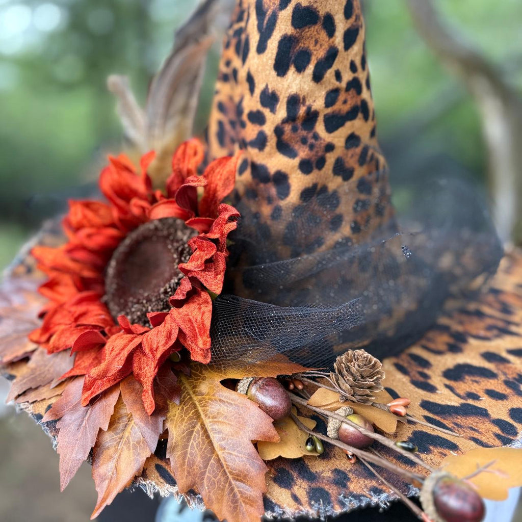Lady Maple Leopard Fall Witch Hat, Autumn Sunflower Witchy Wear, Gothic Statement, OOAK Headpiece