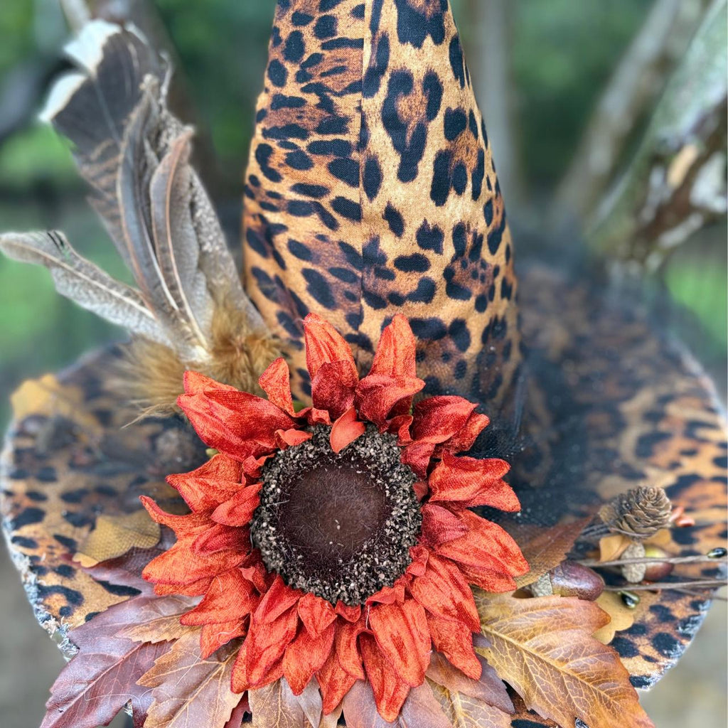 Lady Maple Leopard Fall Witch Hat, Autumn Sunflower Witchy Wear, Gothic Statement, OOAK Headpiece