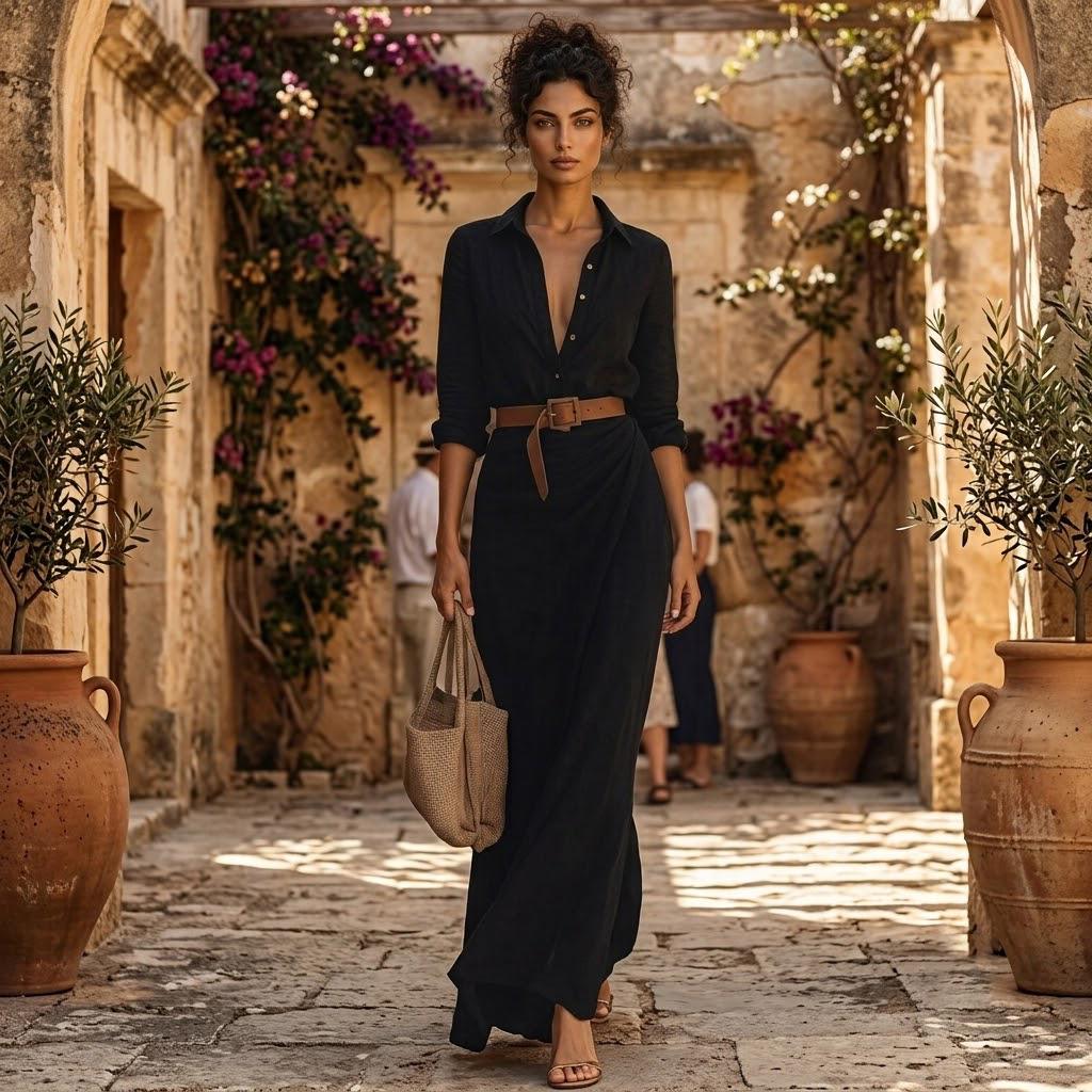 Linen-Look Maxi Shirt Dress | Draped Button Up Summer Gown | Long Sleeve Wrap Front Sundress | Side Slit Resort Wear | Elegant Beach Dress