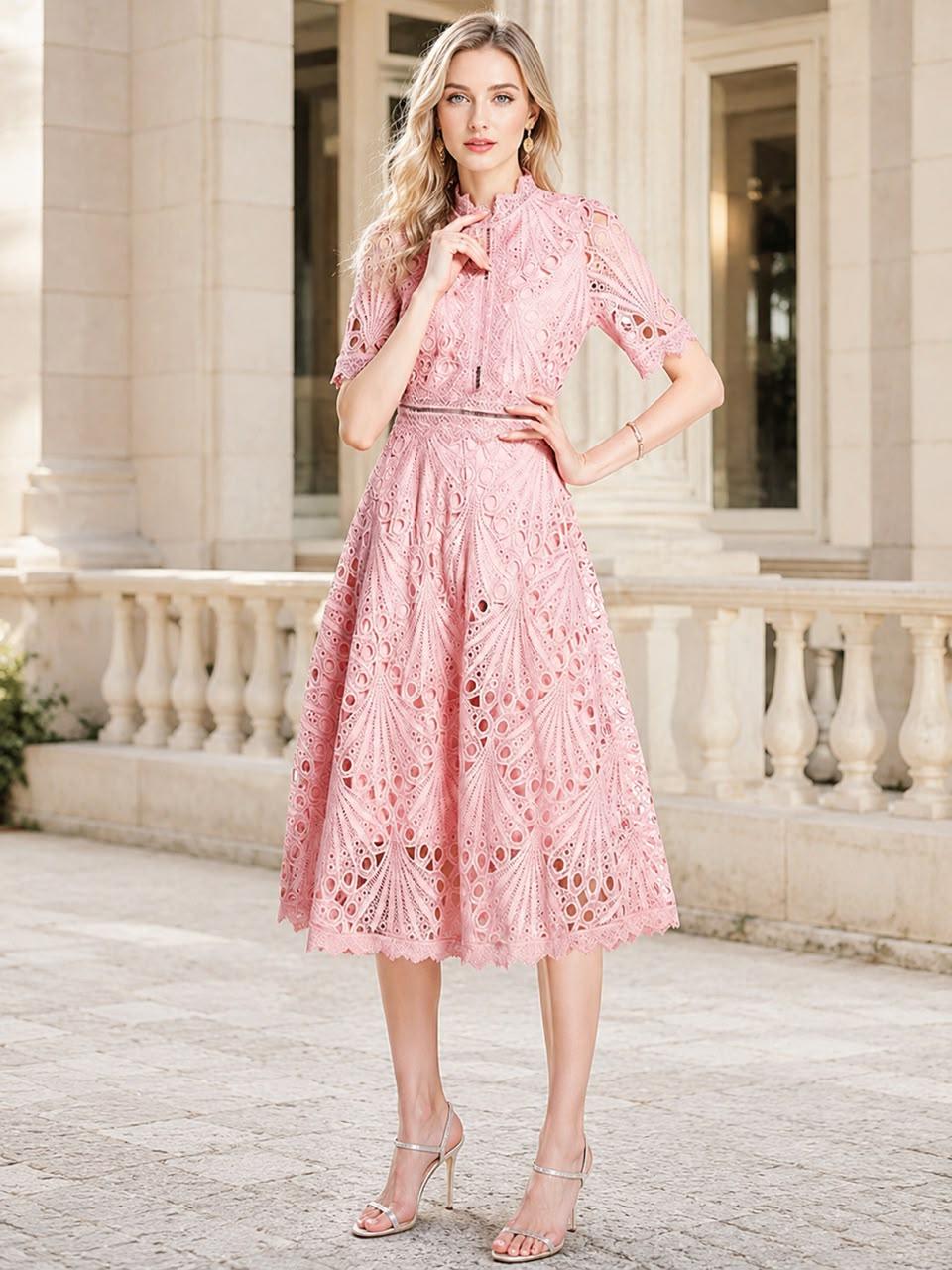 Floral Crochet Lace Midi Dress Hollow Patchwork Elegant Office Party Wear Spring Summer Outfit