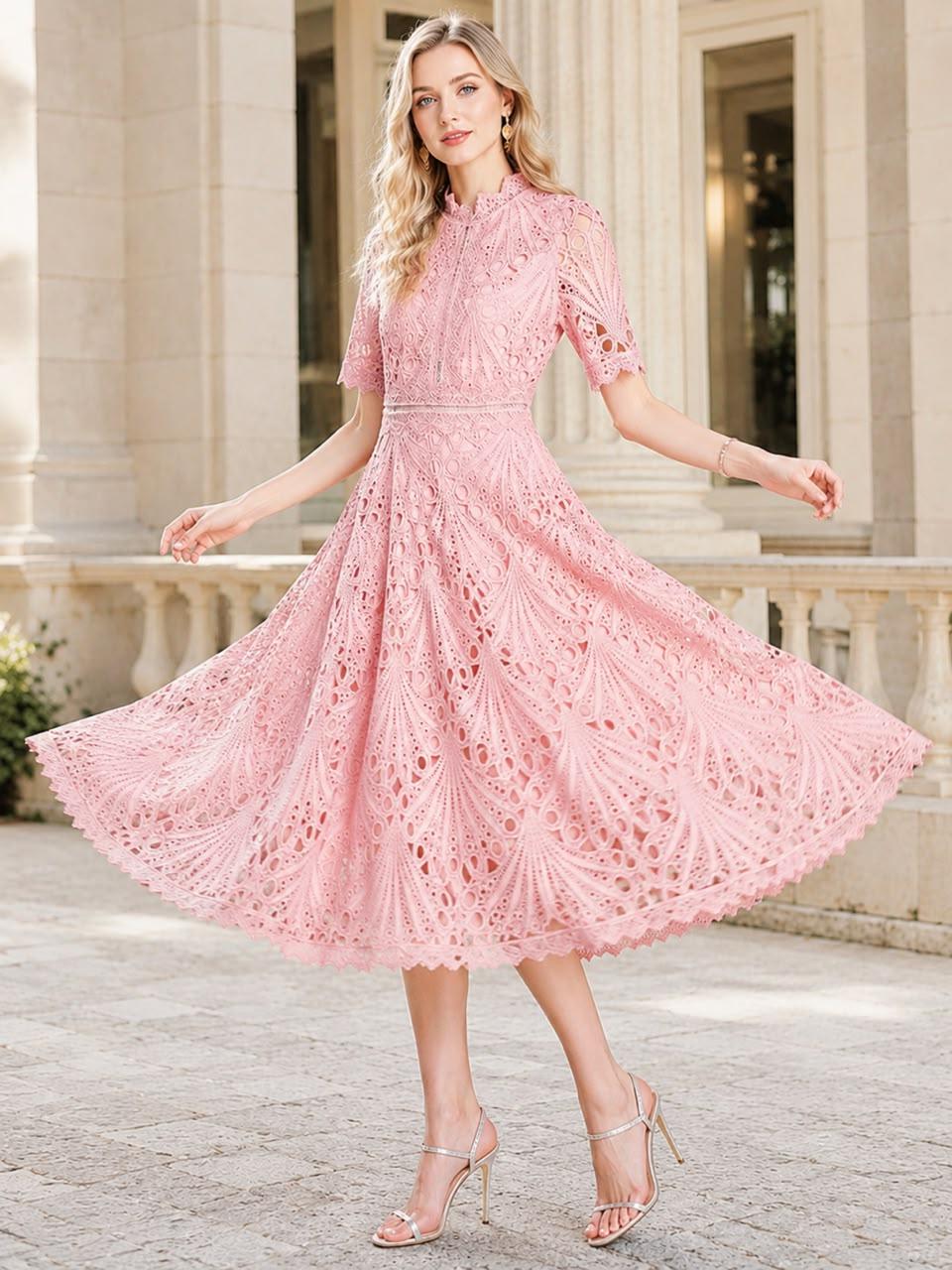 Floral Crochet Lace Midi Dress Hollow Patchwork Elegant Office Party Wear Spring Summer Outfit