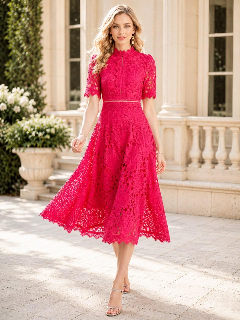 Floral Crochet Lace Midi Dress Hollow Patchwork Elegant Office Party Wear Spring Summer Outfit