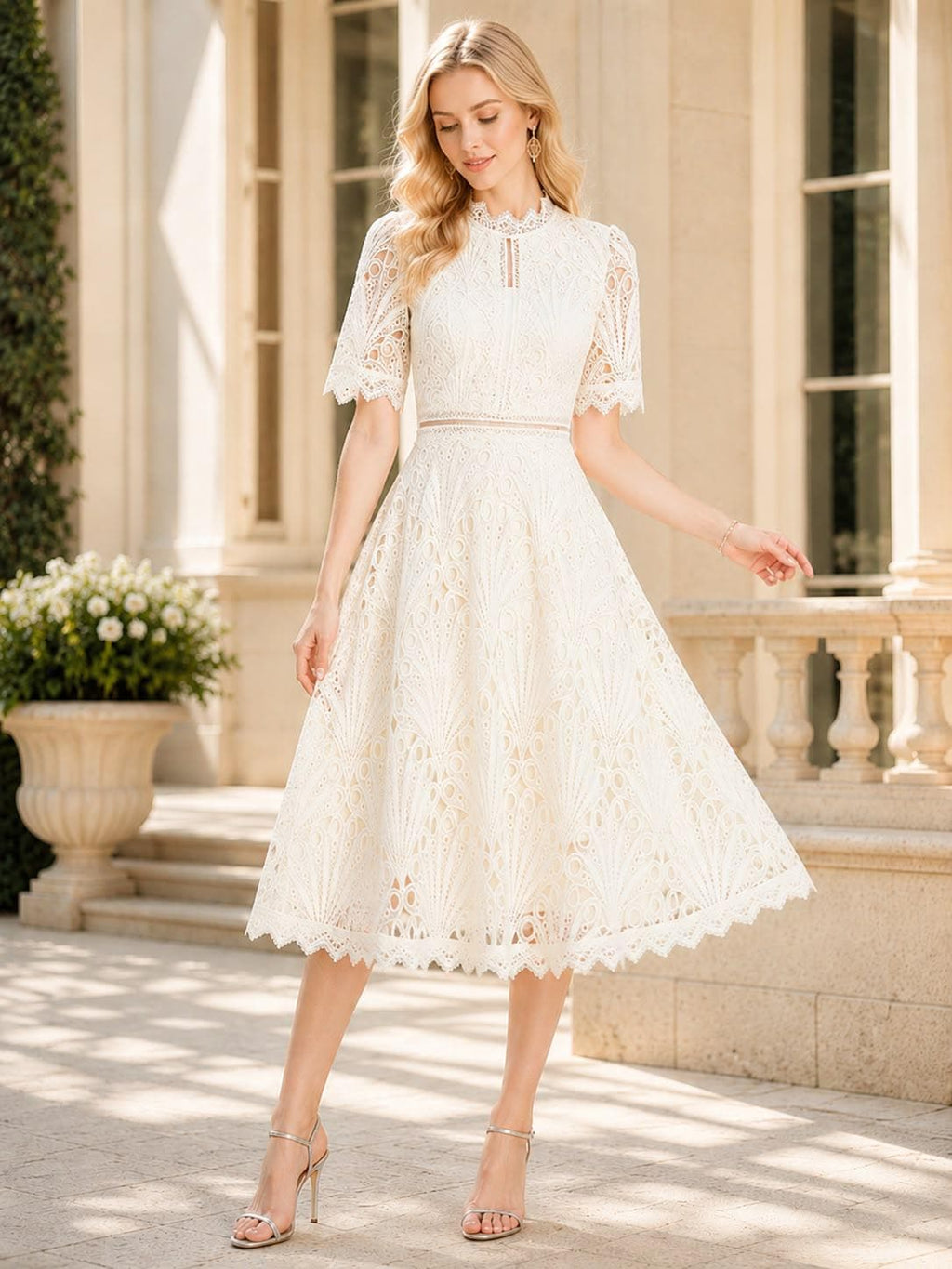 Floral Crochet Lace Midi Dress Hollow Patchwork Elegant Office Party Wear Spring Summer Outfit