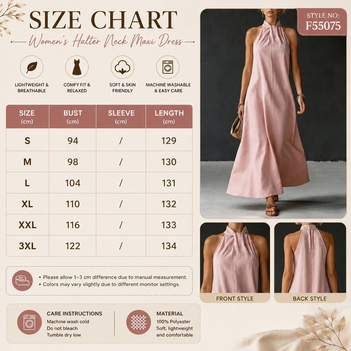Women's Halter Maxi Dress, Sleeveless A-Line Dress, Elegant Summer Evening Dress, Resort Wear