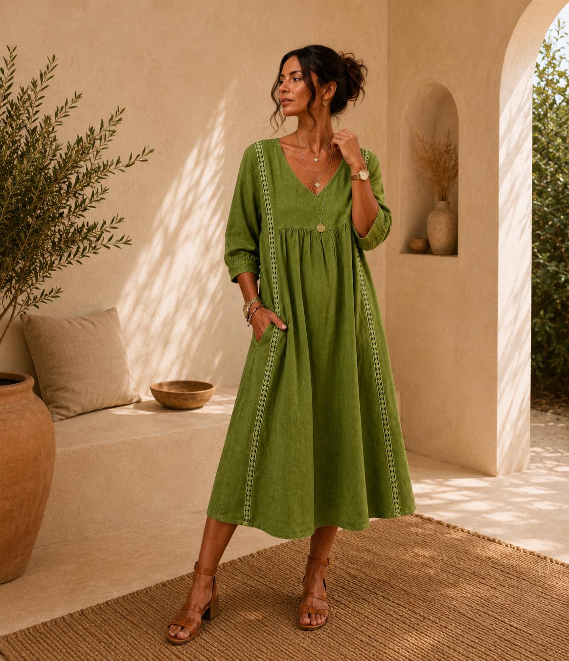 Women's Midi Dress, Casual Summer Dress, Relaxed fit , Women's Casual Midi Dress, Relaxed Fit V-Neck Summer Dress, Boho Everyday Outfit