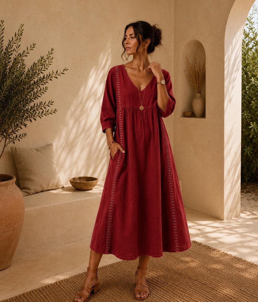 Women's Midi Dress, Casual Summer Dress, Relaxed fit , Women's Casual Midi Dress, Relaxed Fit V-Neck Summer Dress, Boho Everyday Outfit