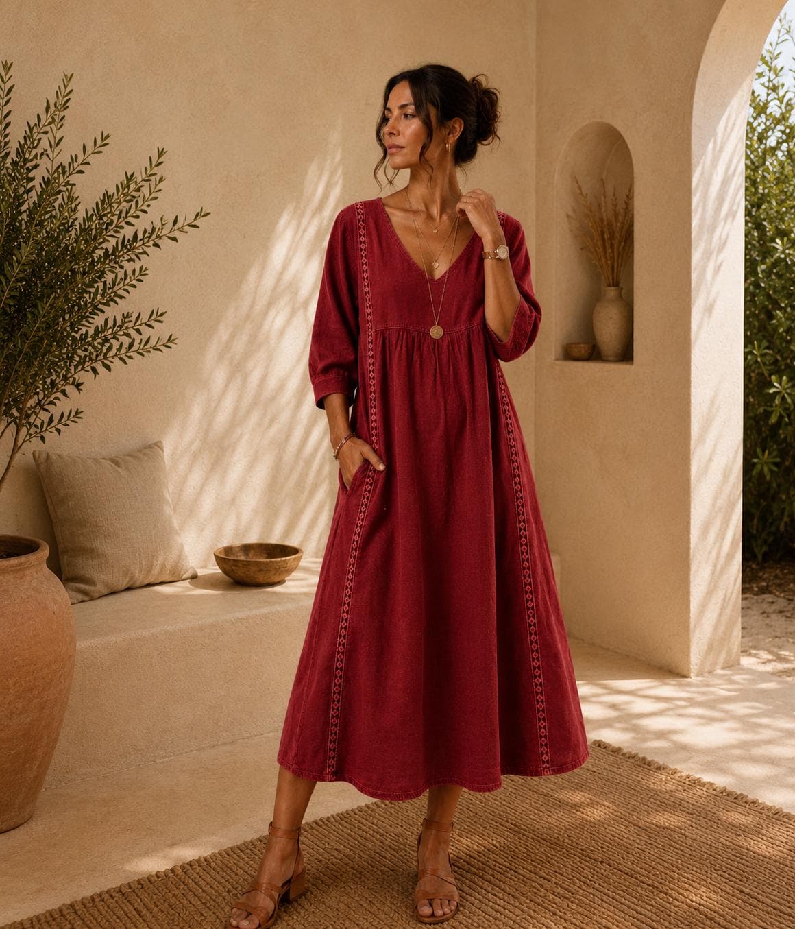 Women's Midi Dress, Casual Summer Dress, Relaxed fit , Women's Casual Midi Dress, Relaxed Fit V-Neck Summer Dress, Boho Everyday Outfit