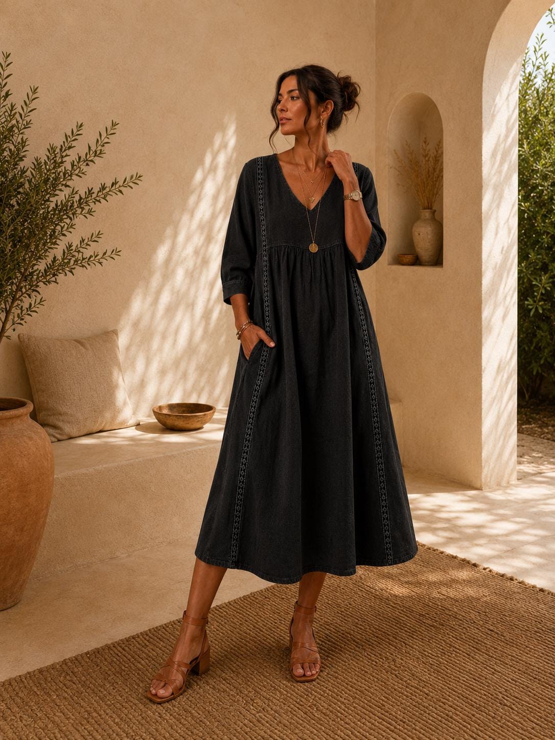 Women's Midi Dress, Casual Summer Dress, Relaxed fit , Women's Casual Midi Dress, Relaxed Fit V-Neck Summer Dress, Boho Everyday Outfit