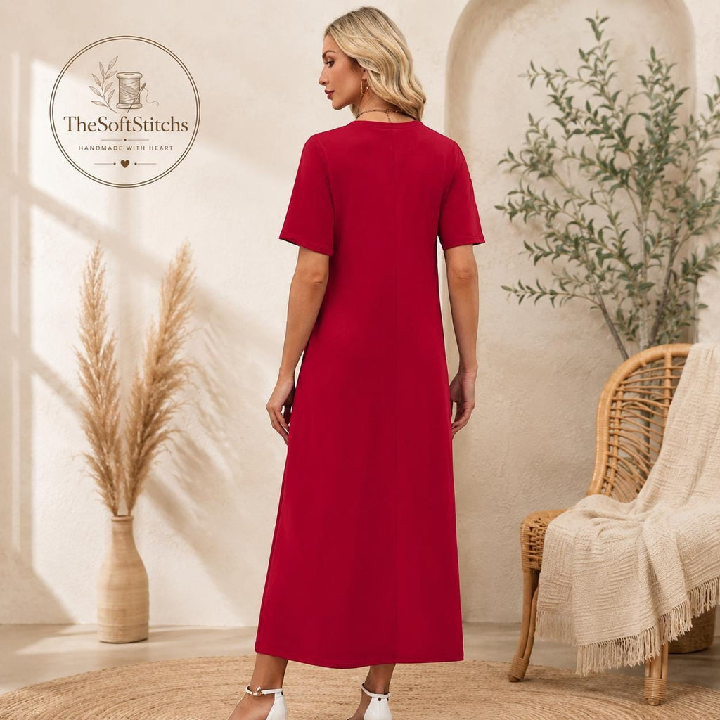 Women's Elegant Maxi Dress V Neck Casual Short Sleeve Comfortable Summer Daily Wear Outfit