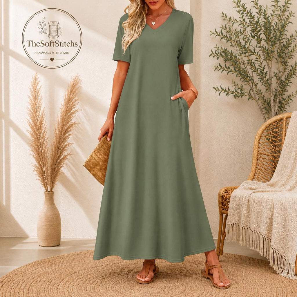 Women's Elegant Maxi Dress V Neck Casual Short Sleeve Comfortable Summer Daily Wear Outfit