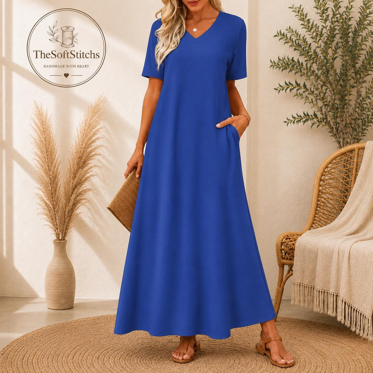 Women's Elegant Maxi Dress V Neck Casual Short Sleeve Comfortable Summer Daily Wear Outfit
