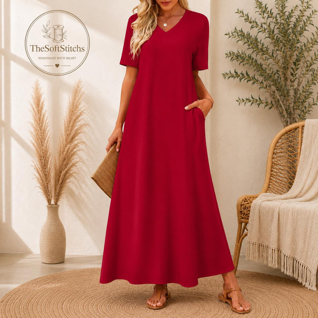 Women's Elegant Maxi Dress V Neck Casual Short Sleeve Comfortable Summer Daily Wear Outfit