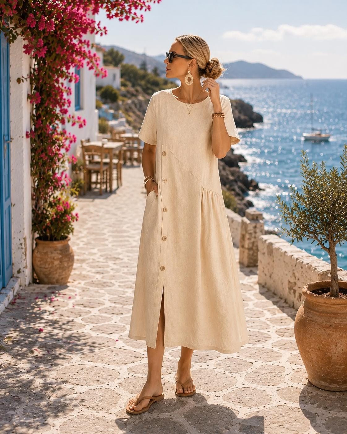 Women's 100% Cotton Dress, Casual Midi Dress, Relaxed Fit Summer Outfit