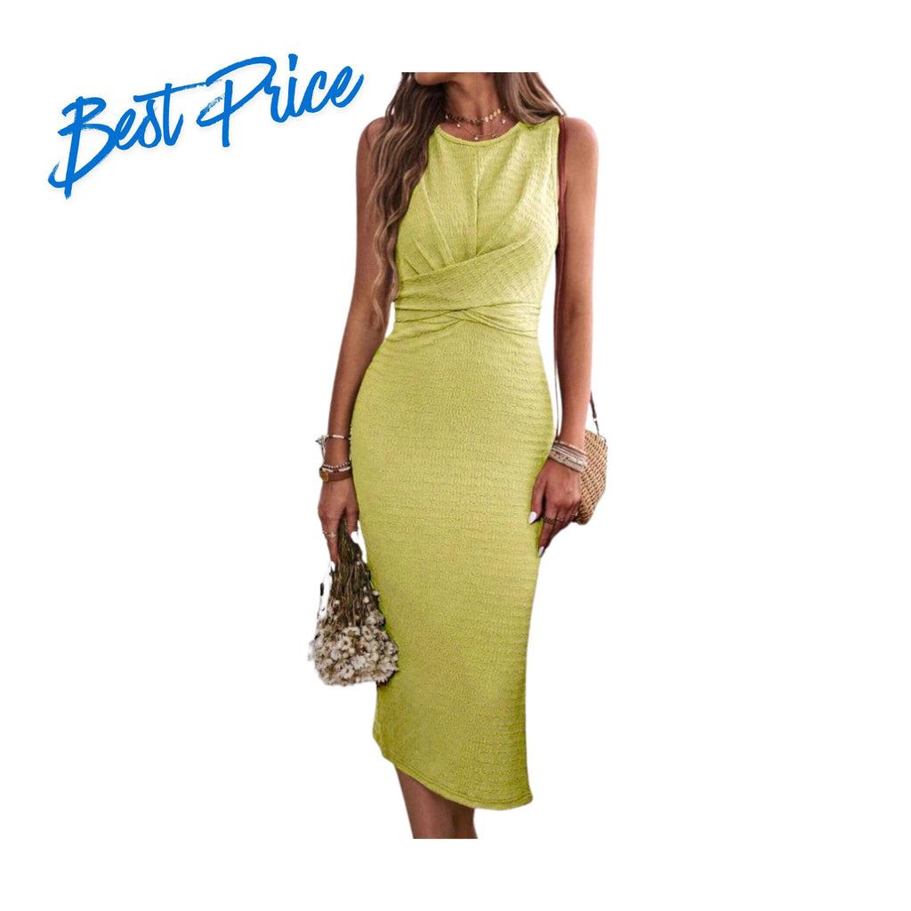 Women's Elegant Sleeveless Bodycon Midi Dress Ruched Waist Split Hem Summer Party Cocktail Dress