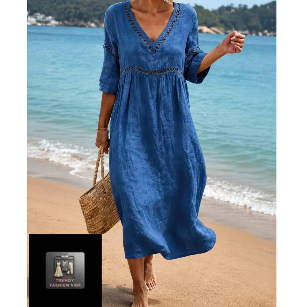 Boho Maxi Dress for Women Elegant Holiday Loose Fit V Neck Dress  Resort Wear