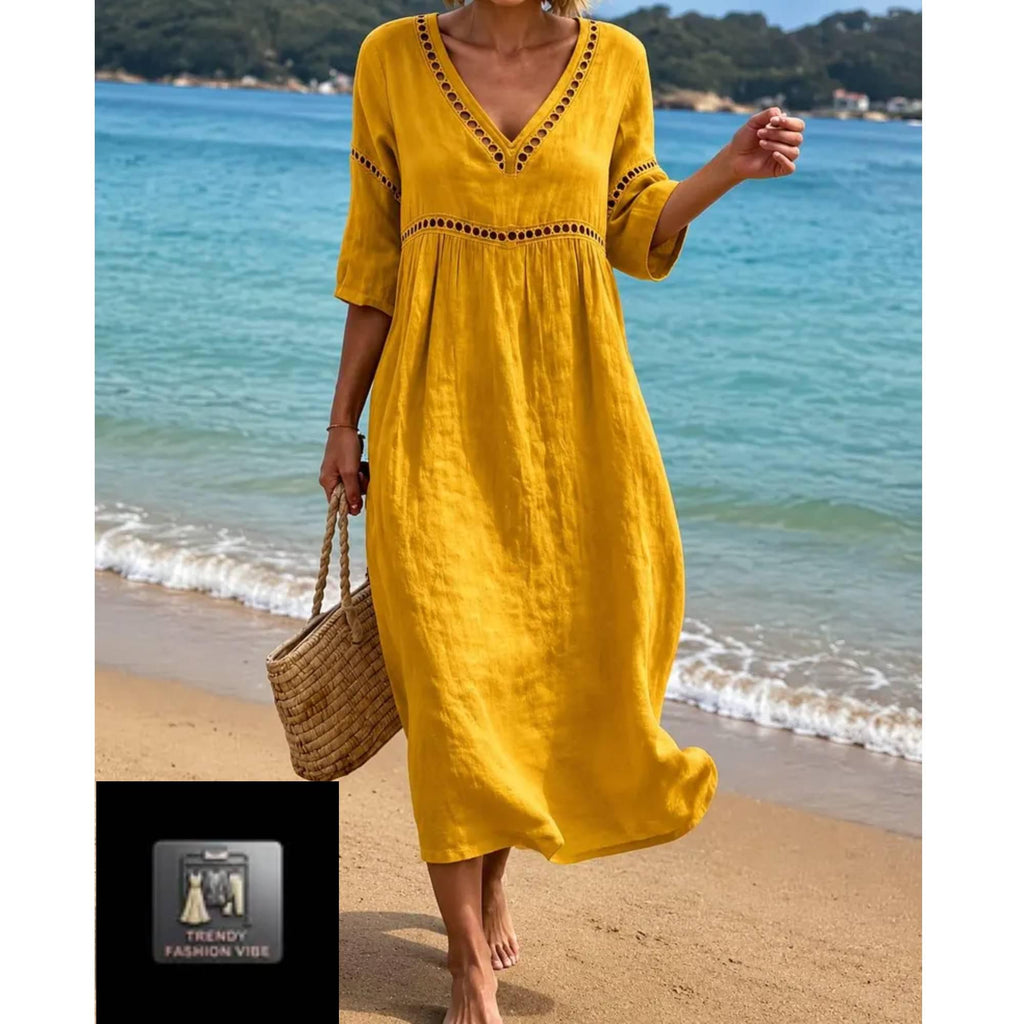 Boho Maxi Dress for Women Elegant Holiday Loose Fit V Neck Dress  Resort Wear